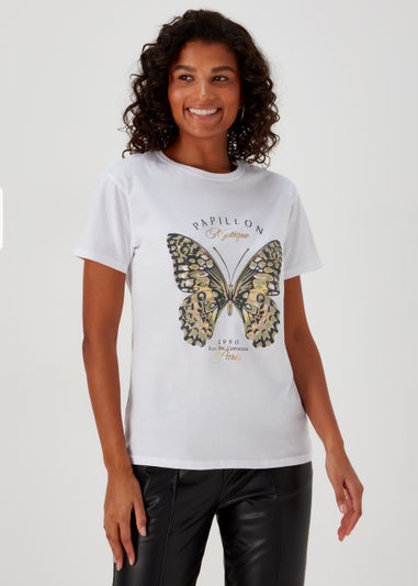 White Butterfly Print T-Shirt