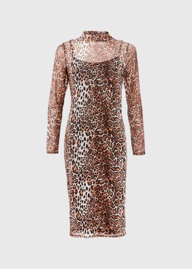 Brown Leopard Print Mesh Midi Dress