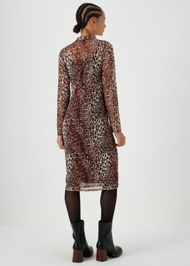 Brown Leopard Print Mesh Midi Dress
