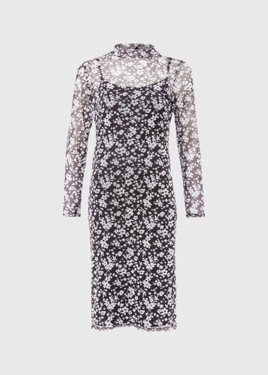 Monochrome Floral Mesh Midi Dress