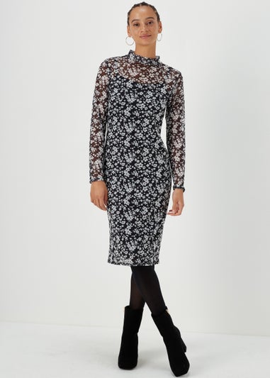 Monochrome Floral Mesh Midi Dress