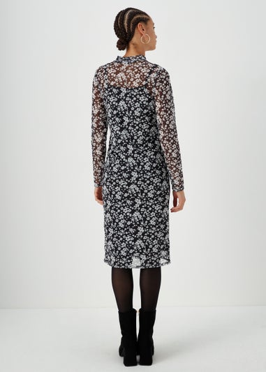 Monochrome Floral Mesh Midi Dress