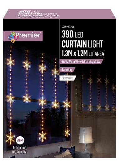 Premier Decorations 390 Warm White LED Snowflake Twinkling Curtain Light