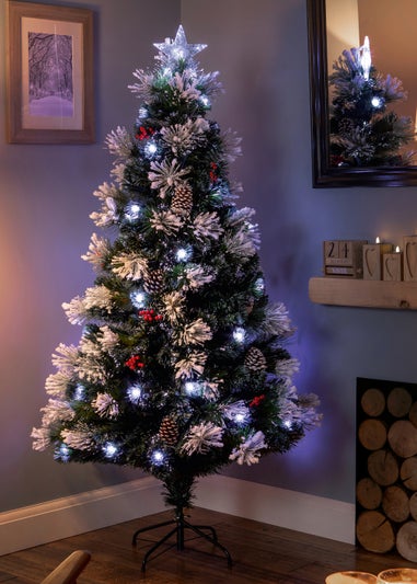 Premier Decorations Snow Tipped Fibre Optic Tree with Pine cones Berries and White LEDs 5ft