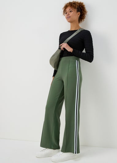 Khaki Texture Side Stripe Wide Leg Trousers