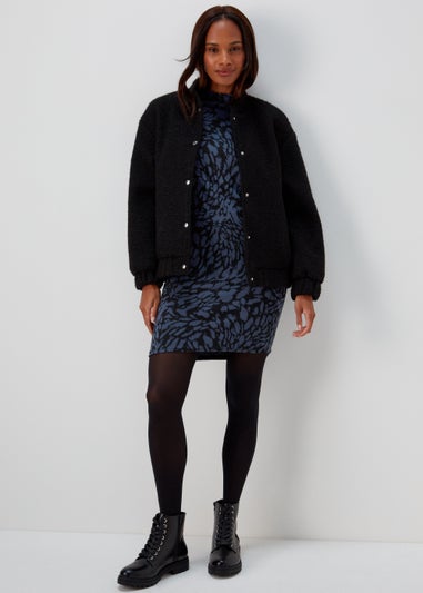 Blue & Black High Neck Jacquard Long Sleeve Midi Dress