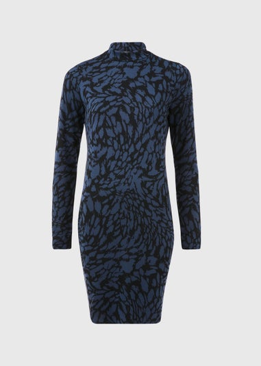 Blue & Black High Neck Jacquard Long Sleeve Midi Dress