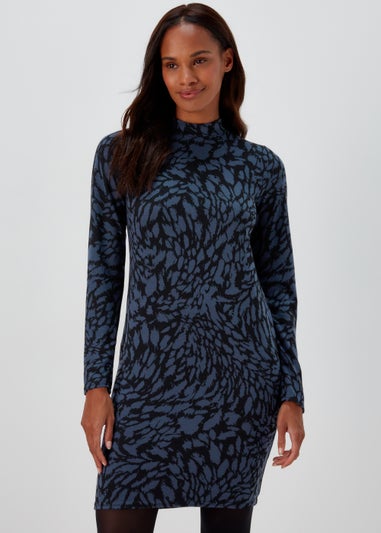 Blue & Black High Neck Jacquard Long Sleeve Midi Dress