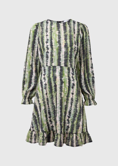 Green Print Ruffle Long Sleeve Mini Dress