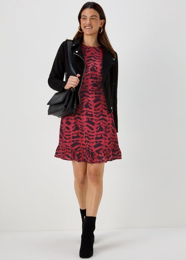 Red & Black Print Ruffle Long Sleeve Mini Dress