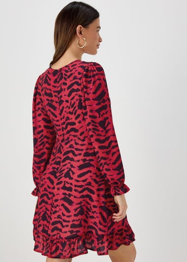 Red & Black Print Ruffle Long Sleeve Mini Dress