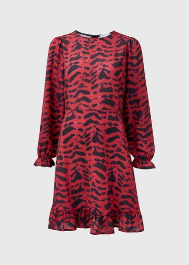 Red & Black Print Ruffle Long Sleeve Mini Dress