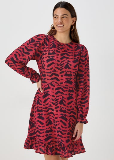 Red & Black Print Ruffle Long Sleeve Mini Dress