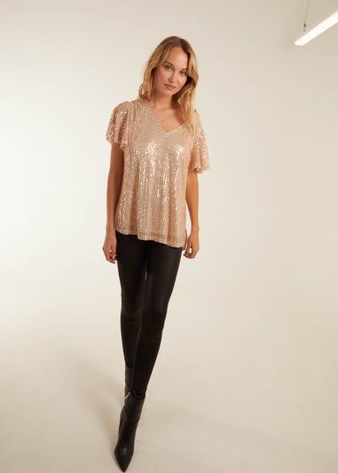 Blue Vanilla Gold Angel Sleeve V Neck Sequin Top