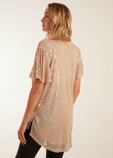 Blue Vanilla Gold Angel Sleeve V Neck Sequin Top