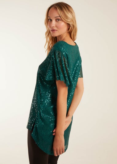 Blue Vanilla Teal Angel Sleeve V Neck Sequin Top