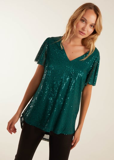 Blue Vanilla Teal Angel Sleeve V Neck Sequin Top