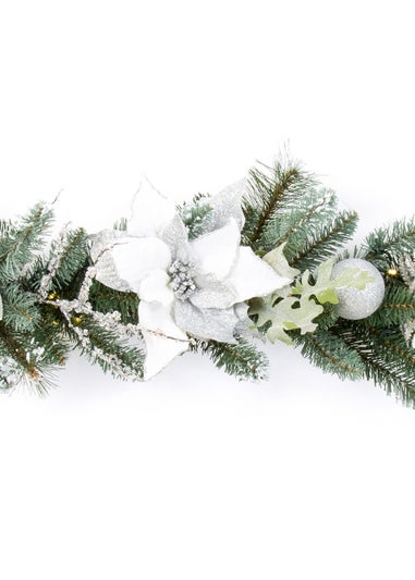 Premier Decorations 1.8m Pre Lit White and Silver Poinsettia Garland with Warm White LEDs