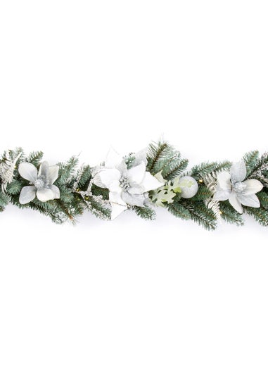 Premier Decorations 1.8m Pre Lit White and Silver Poinsettia Garland with Warm White LEDs