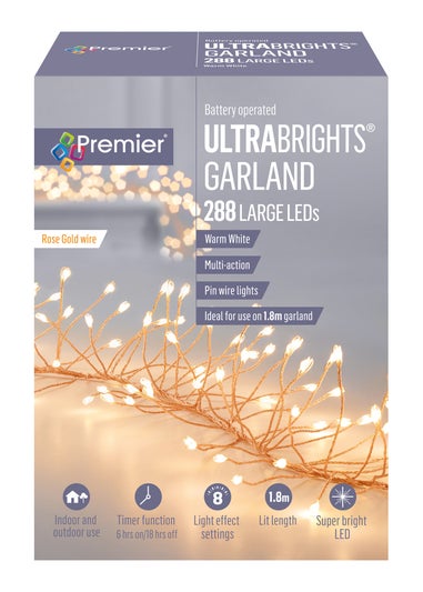 Premier Decorations 288 Large Warm White LED Battery Operated Rose Gold Wire Ultrabrights Garland