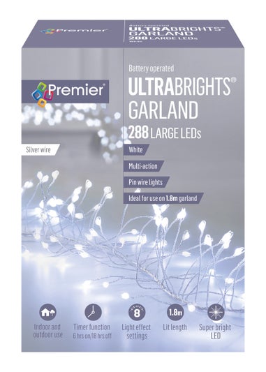 Premier Decorations 288 Large White LED Battery Operated Silver Wire Ultrabrights Garland