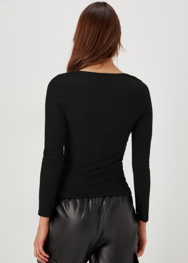 Black Square Neck Ribbed Long Sleeve Top