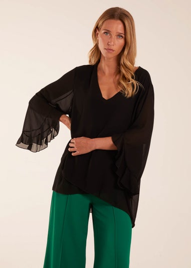 Blue Vanilla Black Frill Sleeve V Neck Blouse