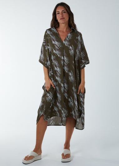 Blue Vanilla Khaki Printed Collar Tunic Dress