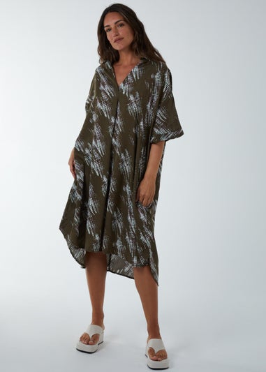 Blue Vanilla Khaki Printed Collar Tunic Dress