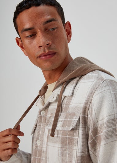 Beige Check Hooded Overshirt