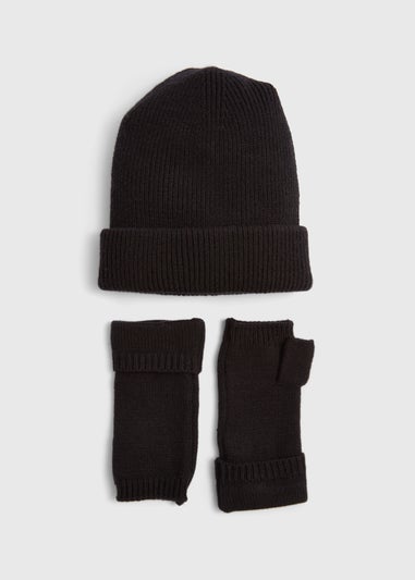 Black Ribbed Beanie & Fingerless Gloves Set