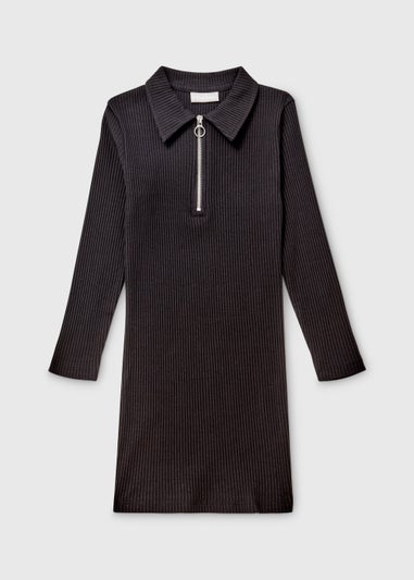 Girls Black Ribbed Zip Up Long Sleeve Dress (7-15yrs)