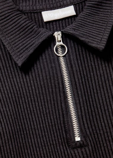 Girls Black Ribbed Zip Up Long Sleeve Dress (7-15yrs)