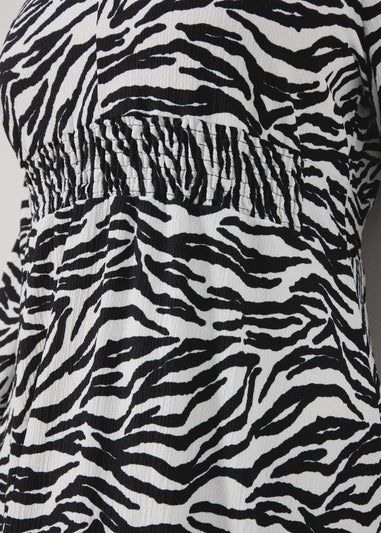 Black Zebra Print Long Sleeve Crinkle Midi Dress