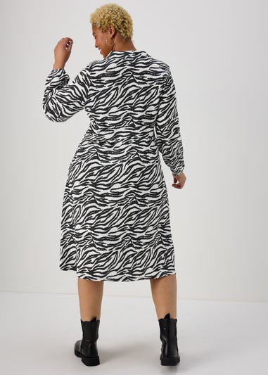 Black Zebra Print Long Sleeve Crinkle Midi Dress