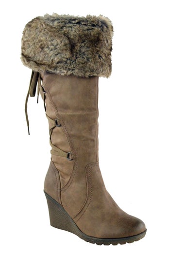 Where's That From Khaki PU Bridget Wedge Heel Calf Boots