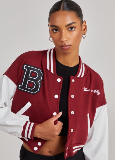 Pink Vanilla Burgundy Contrast Sleeve Baseball Jacket