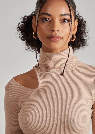 Pink Vanilla Camel Knit Cut Out Turtle Neck Top