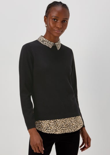 Black Leopard Print Shirt 2 in 1 Jumper