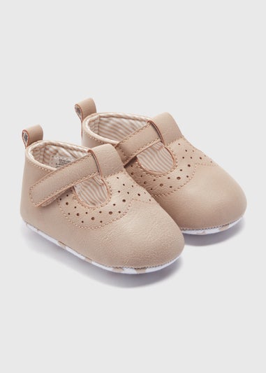 Baby Taupe Brogue T Bar Soft Sole Shoes (Newborn-18mths)