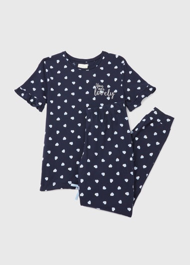 Navy Heart Frill Sleeve Pyjama Set