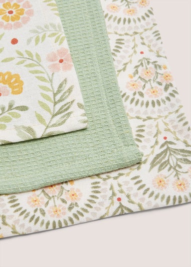 3 Pack Green Folk Floral Tea Towels