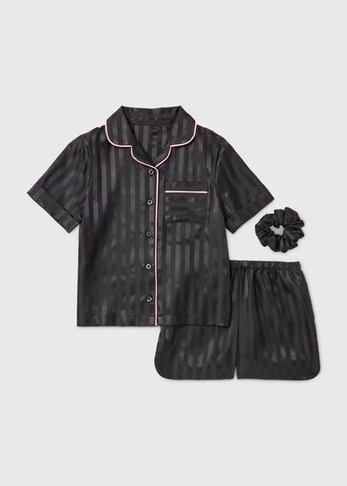 Girls Black & Satin Stripe Shorts Pyjama Set (4-13yrs)