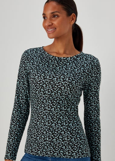 Black & Green Flower Print Long Sleeve T-Shirt