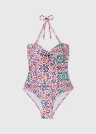 Pink Tie Front Mosaic Swimsuit