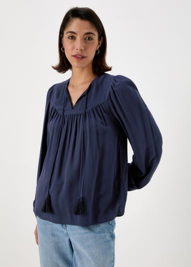 Navy Blue Boho Blouse With Tassels