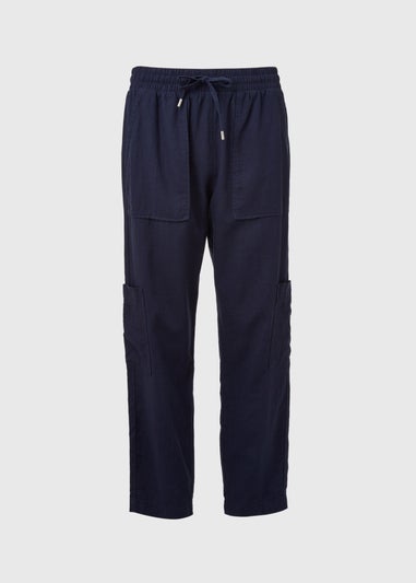 Navy Linen Tapered Cargo Trousers