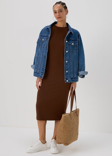 Brown Racer Ribbed Midi Dress