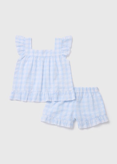 Girls Blue Check Design Woven Frill Pyjama Set (9mths-13yrs)