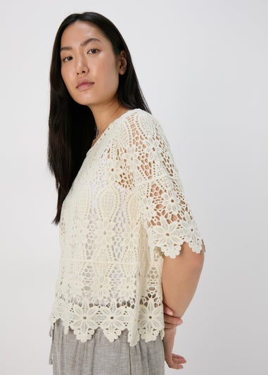 Cream Lace Crochet T Shirt